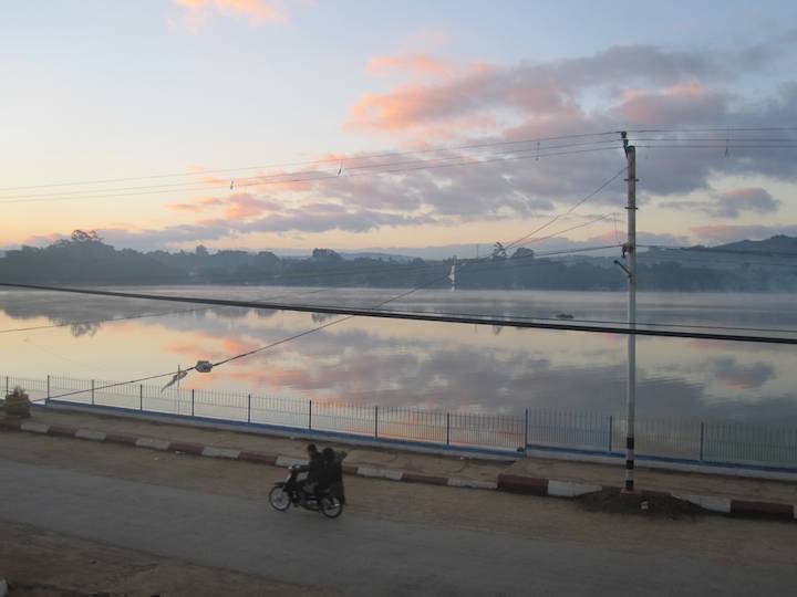 The morning scene from our htlel looking across the lake at Pindaya.